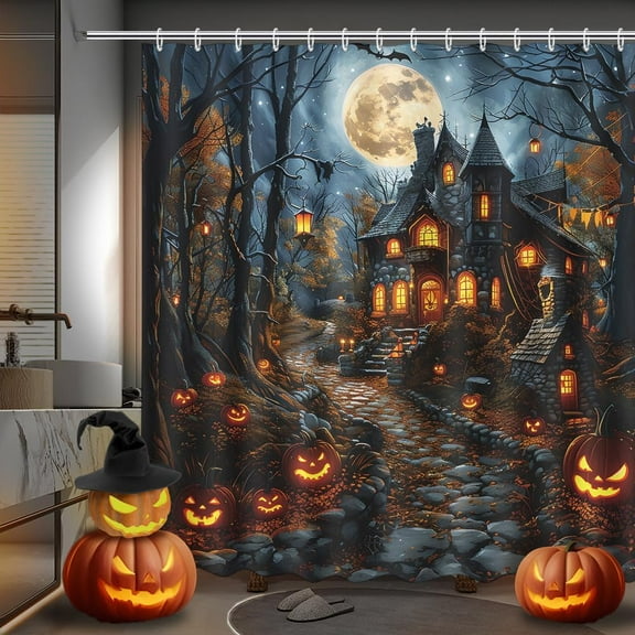 Halloween Shower Curtain Scary Haunted House Pumpkin Shower Curtains for Bathroom Halloween Full Moon Night Horror Castle Forest Bathtub Decorative Waterproof Fabric, 60x72 Inch