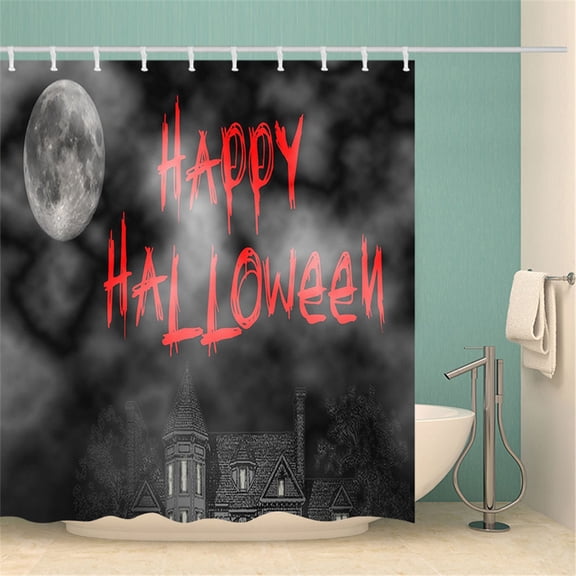 Halloween Shower Curtain, Scary Haunted House Spooky Full Night Witch Flying Black Horror Dead Tree Pumpkin Lantern Ghosts Castle Fabric Home Decor Bathroom Curtain Set with Hooks