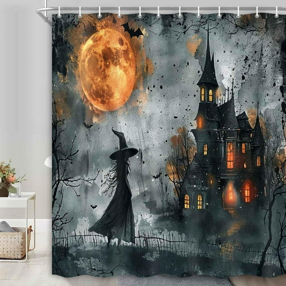 Halloween Shower Curtain Scary Night Horror Castle Moon Haunted House Witch Gothic Bathroom Decor Fabric Bathroom Sets with Hooks, 72X72in