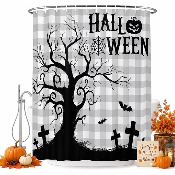Halloween Shower Curtain Set - 72" x 78" Washable Bathtub Curtain with 12 Hooks, Horror Spooky Bats Trees Pumpkin Fall Plaid Gray Waterproof Fabric Stall Shower Curtains for Bathroom/Bathtub Décor