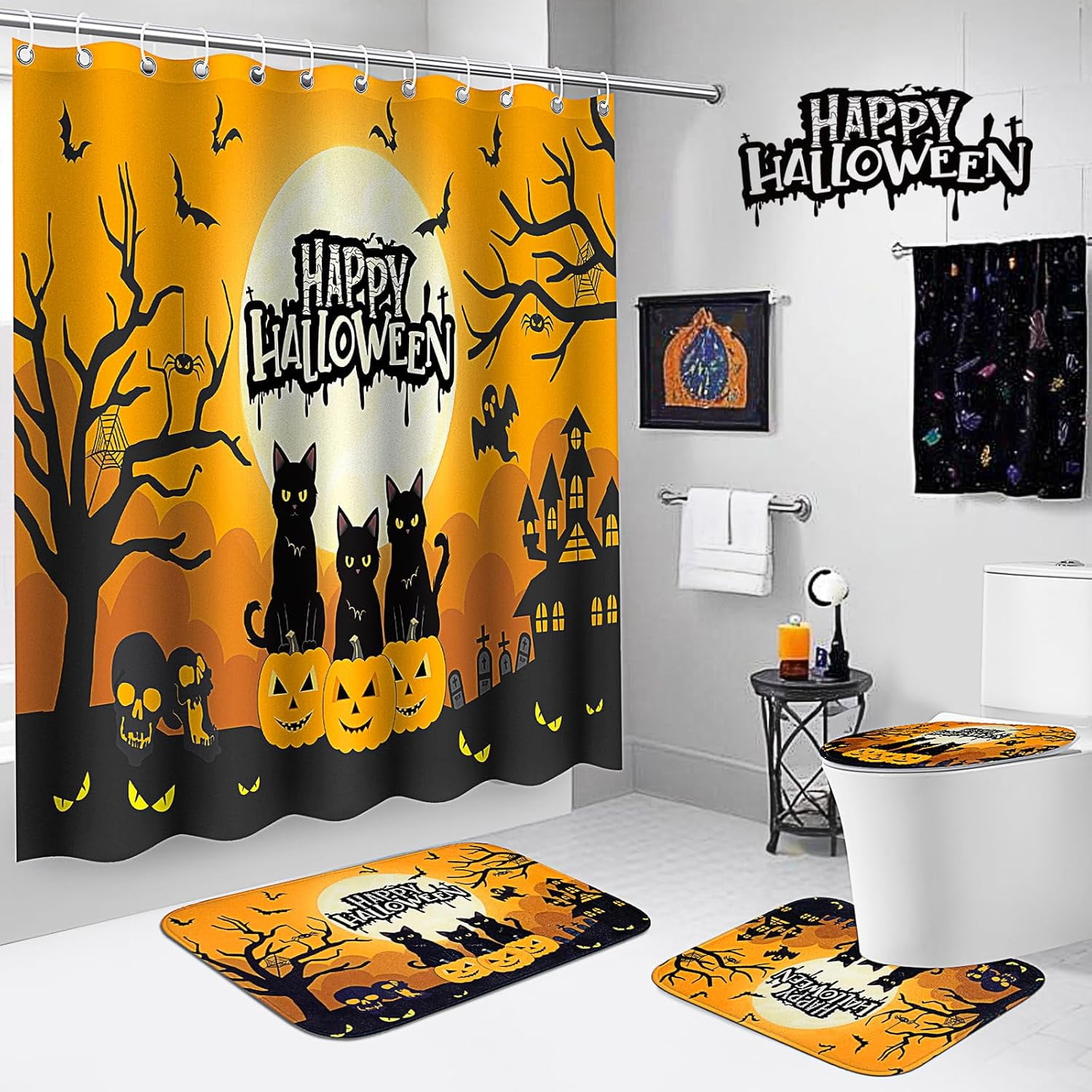 Halloween Shower Curtain Set for Bathroom, 4Pcs Pumpkin Bathroom Sets