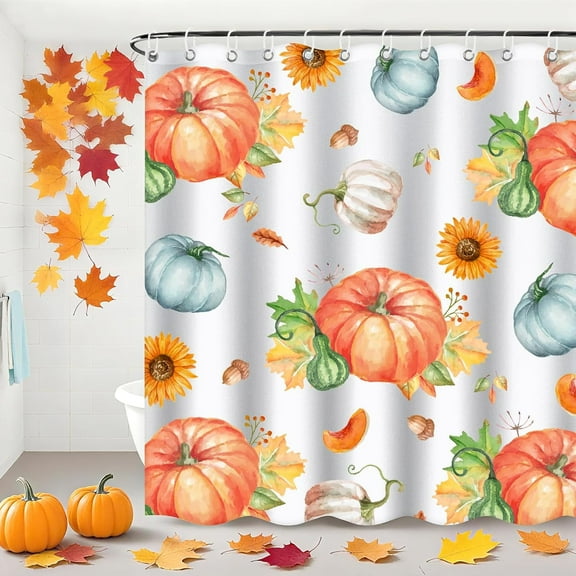 Halloween Shower Curtain Set for Bathroom, 4Pcs Pumpkin Bathroom Sets with Waterproof Shower Curtain, Non Slip Rugs, Toilet Lid Cover, Bath Mat, Halloween Bathroom Decor with Curtain Hooks