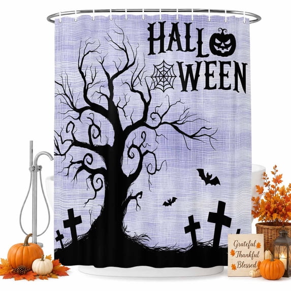Halloween Shower Curtain Set - Extra Long 72" x 96" Washable Bathtub Curtain with 12 Hooks, Vintage Fall Pumpkin Trees Bats Horror Purple Waterproof Fabric Stall Shower Curtains for Bathroom Décor