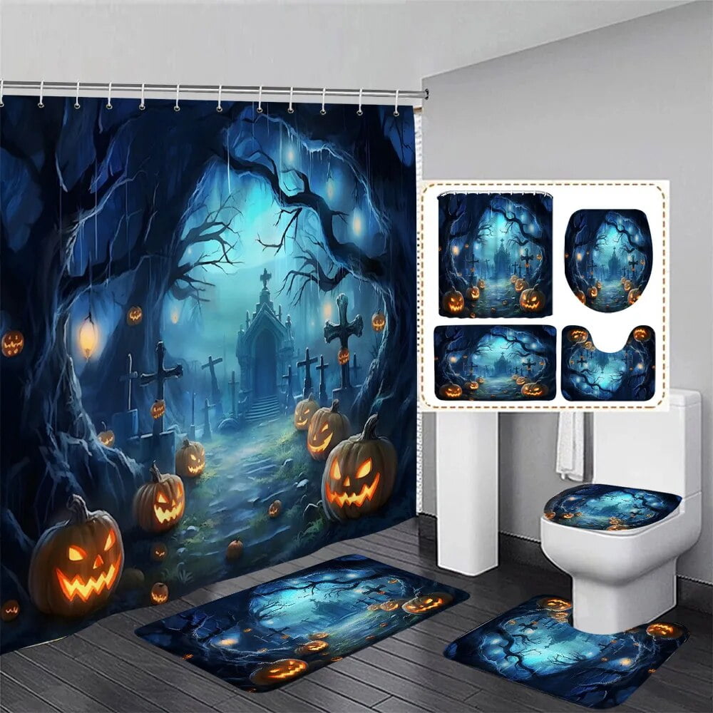 Halloween Shower Curtain Set Forest Pumpkin Dead Trees Tombstone Horror