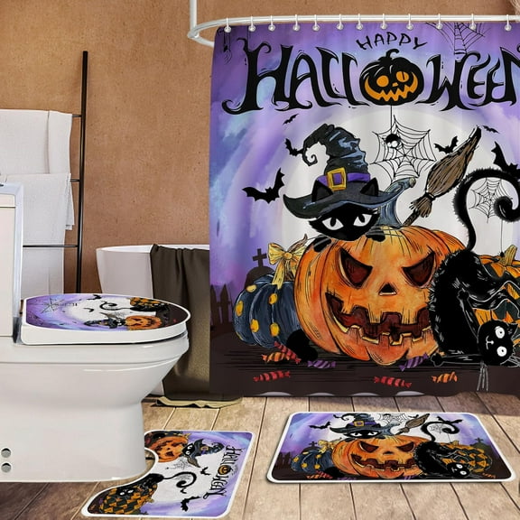 Halloween Shower Curtain Set, Halloween Bathroom Sets with Shower Curtain and Rugs, Bathroom Decor 4 PCS, Cat Pumpkins Non-Slip Rug, Toilet Lid Cover, Bathroom Rug, Purple Curtains with Hooks 72x72