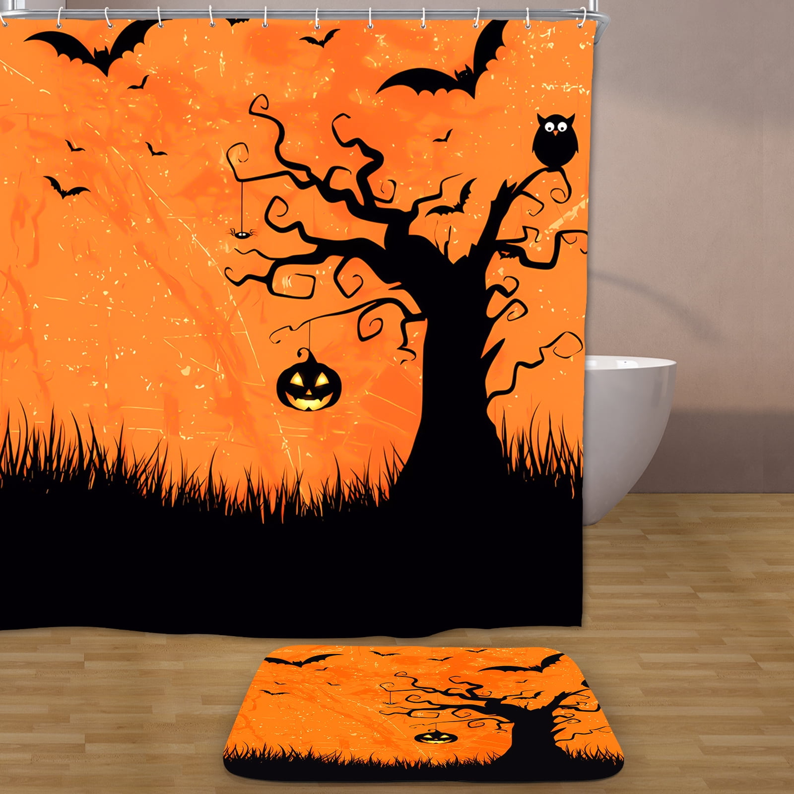Halloween Shower Curtain Set with Rug, Horror Spooky Forest Castle and ...