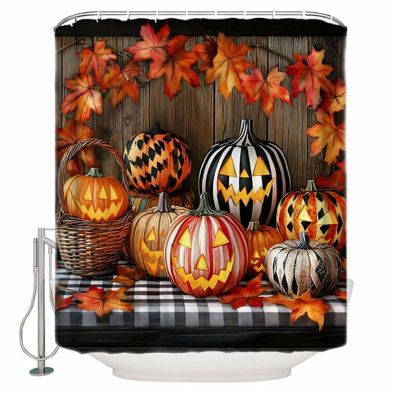 Halloween Shower Curtain Set ，Waterproof Fabric Shower Curtains Retro Watercolor Yellow Pumpkin Maple Leaf Shower Curtains for Bathroom,Bathroom Decor 72"x72"