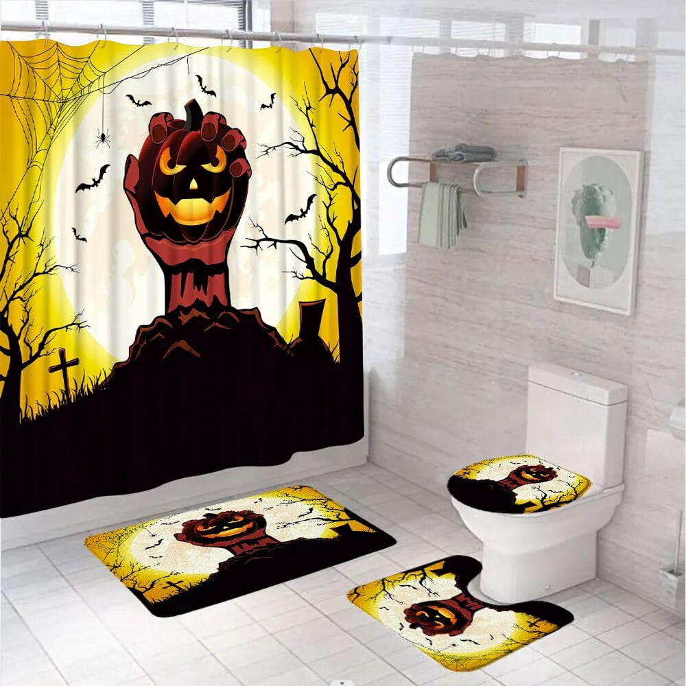 Halloween Shower Curtain Set with Non-Slip Rug Toilet Lid Cover Bath ...