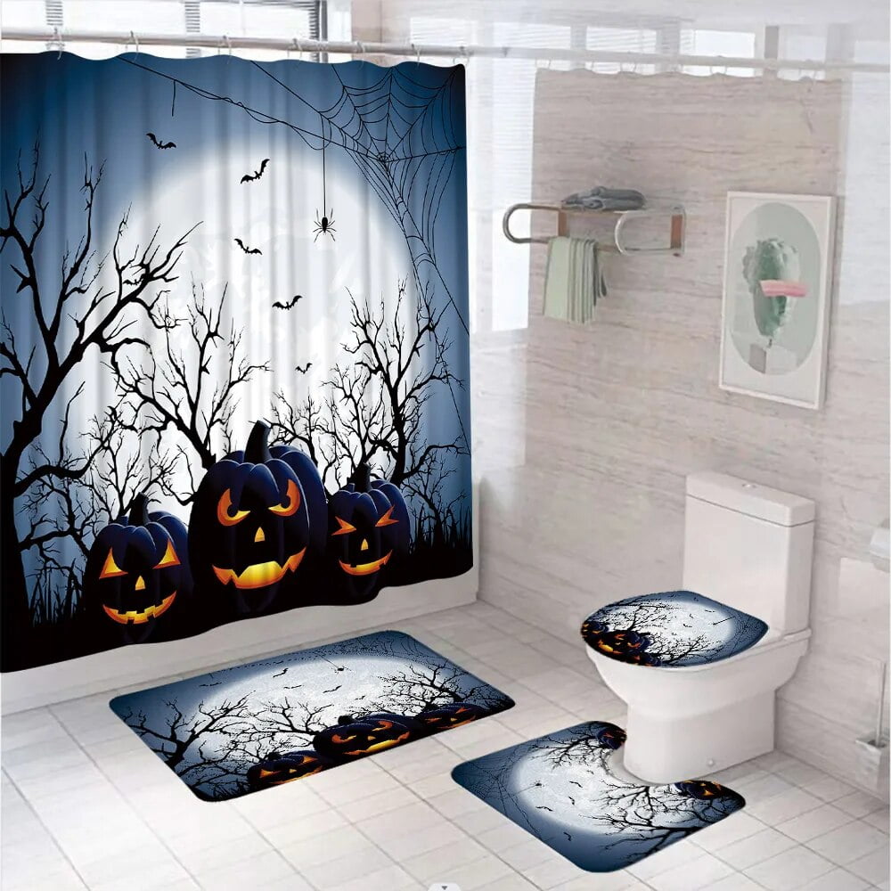 Halloween Shower Curtain Set with NonSlip Rug Toilet Lid Cover Bath