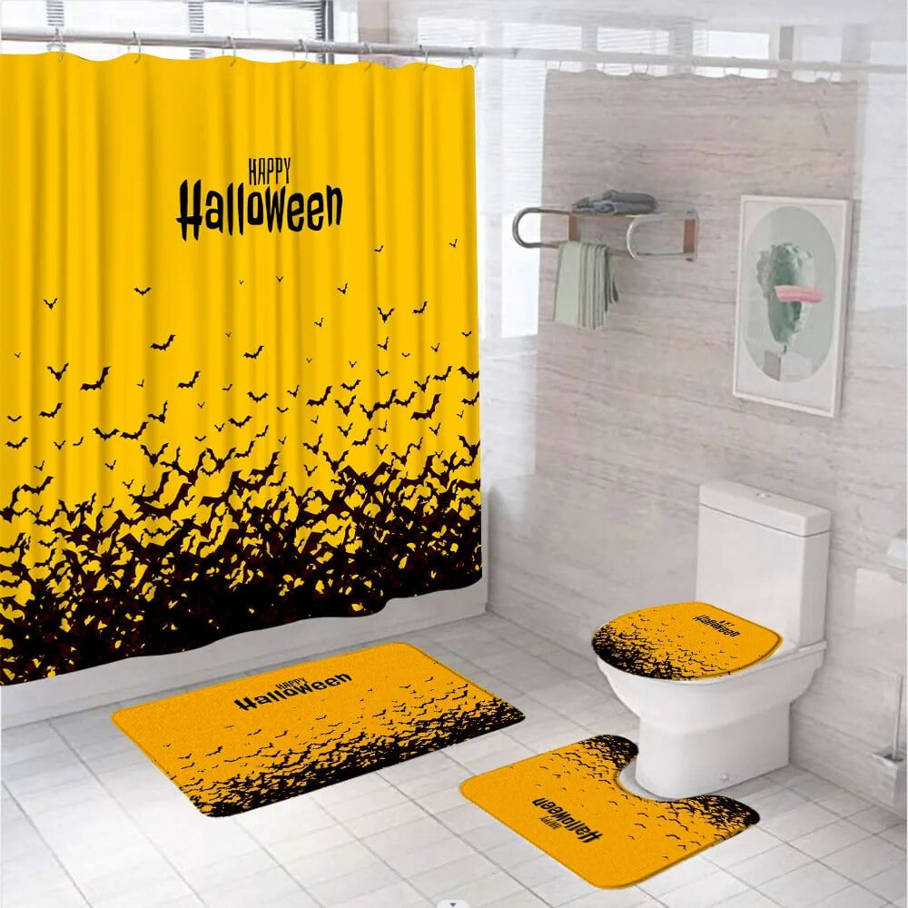 Halloween Shower Curtain Set With Non Slip Rug Toilet Lid Cover Bath