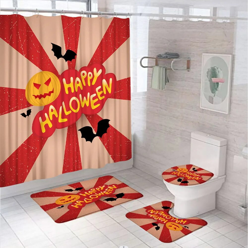 Halloween Shower Curtain Set With Non Slip Rug Toilet Lid Cover Bath