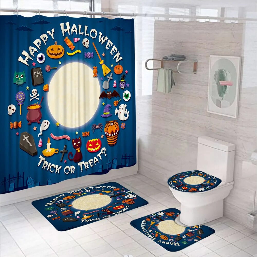 Halloween Shower Curtain Set with NonSlip Rug Toilet Lid Cover Bath