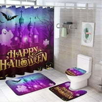 4 Pcs Happy Halloween Shower Curtain Set with Non-Slip Rug, Toilet Lid Cover and Bath Mat, Waterproof Polyester Shower Curtain with 12 Hooks, Halloween Night Bathroom Curtain