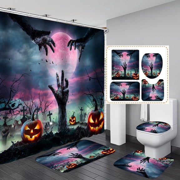 Halloween Shower Curtain Sets,with Non-Slip Rugs, Toilet Lid Cover and Bath Mat,Waterproof Shower Curtains Bathroom Decor Set,Pumpkin Castle Ghosts Bat Gnome Scary Home Decorations with 12Pcs Hooks