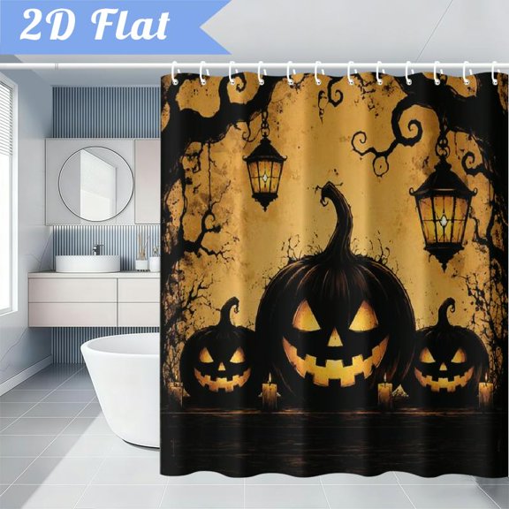 Halloween Shower Curtain - Spooky Bat Haunted Tree Design with Glowing Jack-O-Lanterns, Black Golden Polyester Fabric Bathroom Decor, 70x70 Inch with 12 Hooks, Machine Washable Bathtub Divider