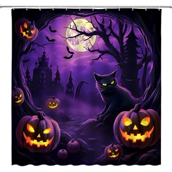 Halloween Shower Curtain Spooky Black Cat Scary Pumpkins Horror Full Moon Haunted House Bats Dead Tree Purple Holiday Bath Curtain with Hook, 66''W x 72''L