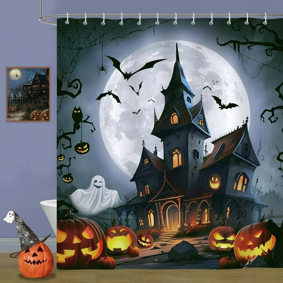 Halloween Shower Curtain, Spooky Castle Ghost Pumpkin Lantern Bat Full Moon Bathroom Curtain 72x72 Inch Polyester Fabric Waterproof Bath Curtain with 12 Hooks