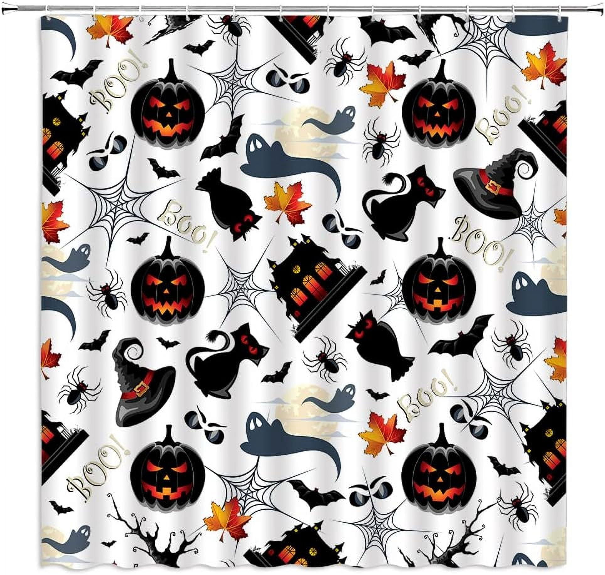Halloween Shower Curtain Spooky Ghost Pumpkin Black Cat Castle Witch ...