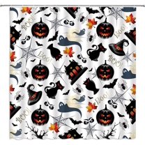Halloween Shower Curtain Spooky Ghost Pumpkin Black Cat Castle Witch Hat Spider Bat Sugar Cartoon Halloween Things Happy Holiday Fabric Bathroom Home Decor Curtain Sets with Hooks