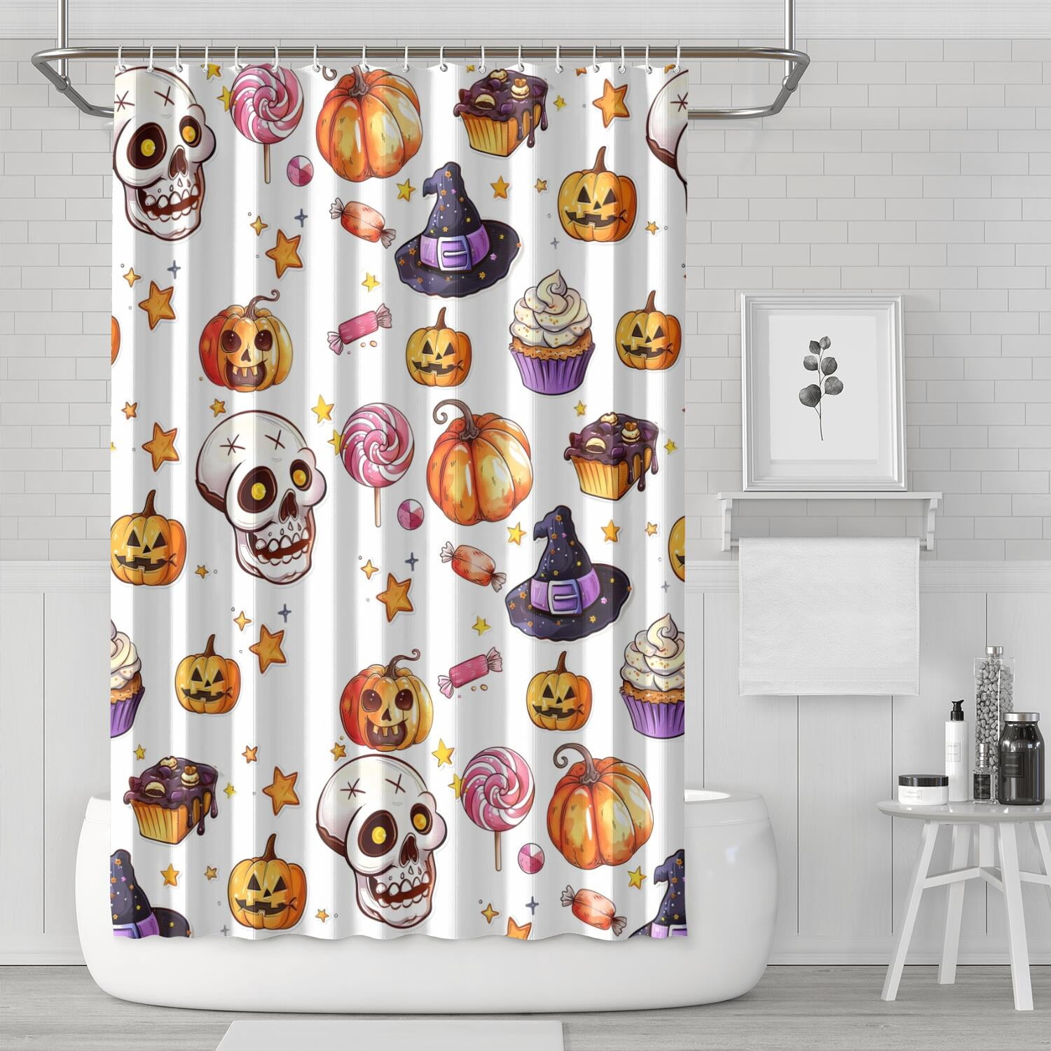 Halloween Shower Curtain Spooky Ghost Pumpkin Skull Witch Black Cat ...