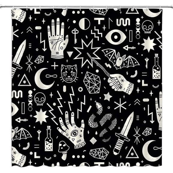 Halloween Shower Curtain Spooky Gothic Palmistry Alchemy Witchy Skull Ouija Board Hand Boho Magic Witchcraft Black White Small Stall Bathroom Home Curtain with Hooks,36" Wx70 H