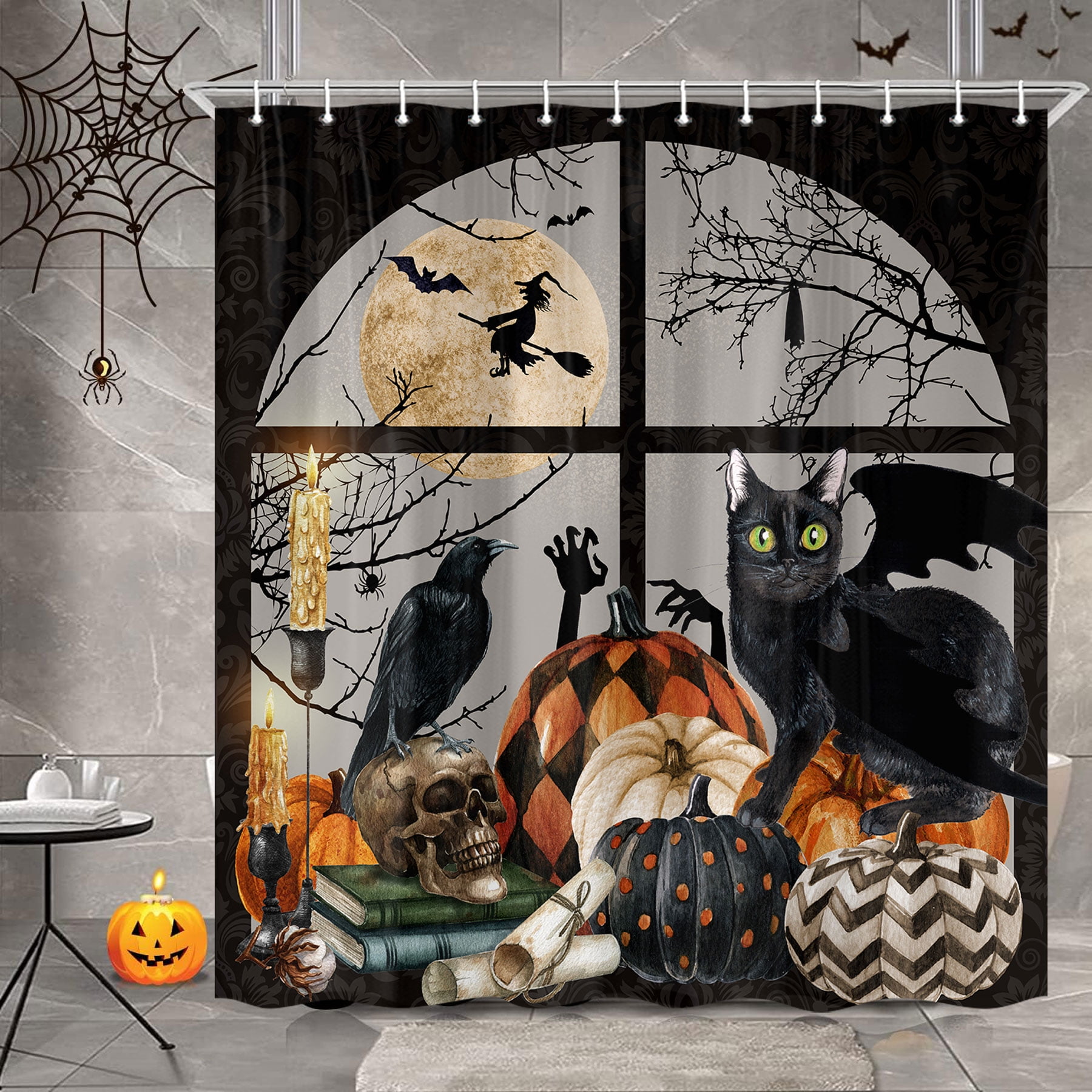 Halloween Shower Curtain, Spooky Pumpkin Black Cat Cool Gothic Skeleton Skull Shower Curtain Set, Horror Scary Bats Raven Witchy Full Moon Fabric Bathroom Decor with Hooks 70X72IN, Black