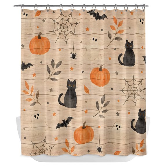 Halloween Shower Curtain - Water Repellent Fabric Shower Curtains Washable, Funny Ghost Black CAt Pumpkins Spi-der Wood Decorative Polyester Cloth Bathroom Curtains Modern Bath Decor 72"x84"