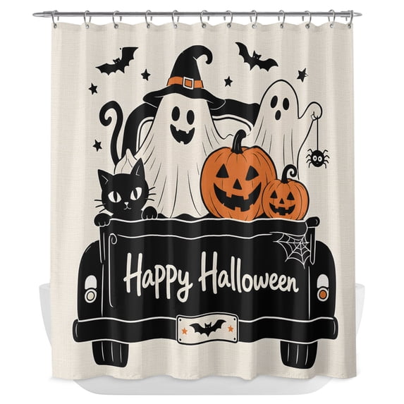 Halloween Shower Curtain - Water Repellent Fabric Shower Curtains Washable, Funny Ghost Pumpkins Black Cat Truck Spooky Decorative Polyester Cloth Bathroom Curtains Modern Bath Decor 72"x72"