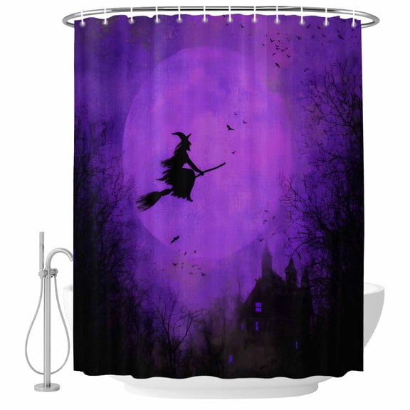 Halloween Shower Curtain, Waterproof Shower Curtains for Bathroom, Castle Witch Horror Tree Moon Bat Purple Washable Fabric Bathtub Curtain Set Bath Decor with 12 Hooks Stall 36"x72"