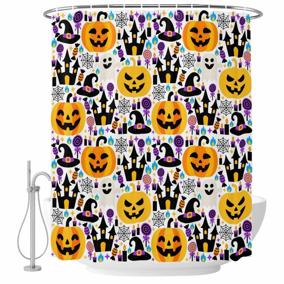 Halloween Shower Curtain, Waterproof Shower Curtains for Bathroom, Cute Ghost Pumpkin Candy Castle Cartoon Washable Fabric Bathtub Curtain Set Bath Decor with 12 Hooks 72"x78"