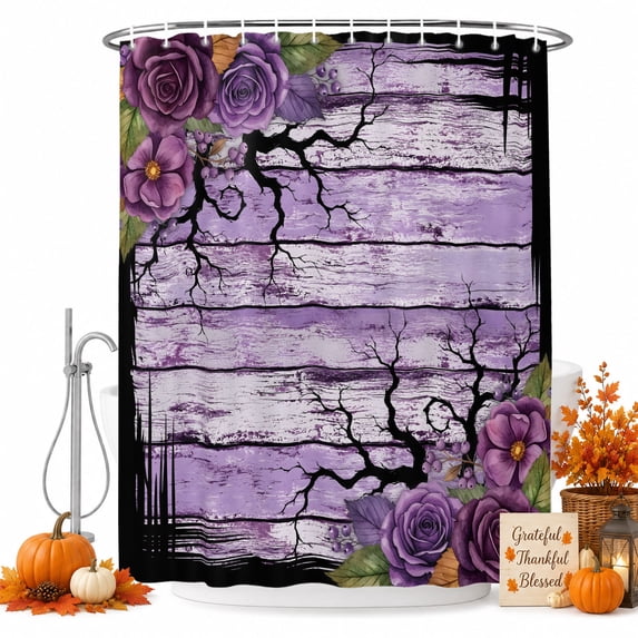 Halloween Shower Curtain, Waterproof Shower Curtains for Bathroom, Fall Farmhouse Horror Floral Trees Wooden Purple Washable Fabric Bathtub Curtain Set Bath Decor with 12 Hooks Extra Long 72"x96"