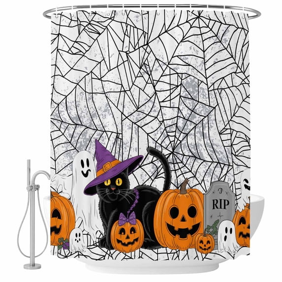 Halloween Shower Curtain, Waterproof Shower Curtains for Bathroom, Fall Ghost Pumpkin Black Spiderwebs Cat Washable Fabric Bathtub Curtain Set Bath Decor with 12 Hooks Stall 36"x72"