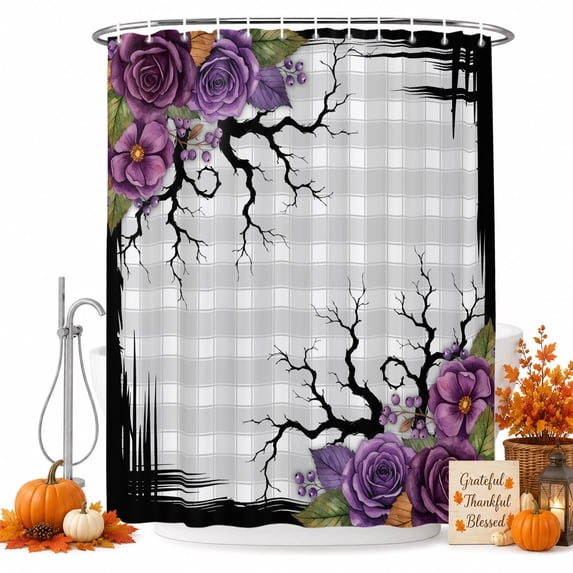 Halloween Shower Curtain, Waterproof Shower Curtains for Bathroom, Fall Rustic Botanical Floral Trees Plaid Gray Washable Fabric Bathtub Curtain Set Bath Decor with 12 Hooks Standard 72"x72"