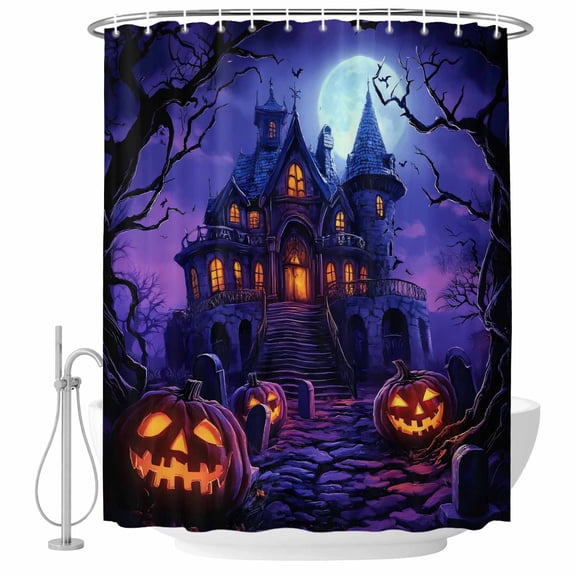 Halloween Shower Curtain, Waterproof Shower Curtains for Bathroom, Horror Pumpkins Halloween Dark Castle Purple Washable Fabric Bathtub Curtain Set Bath Decor with 12 Hooks 48"x72"