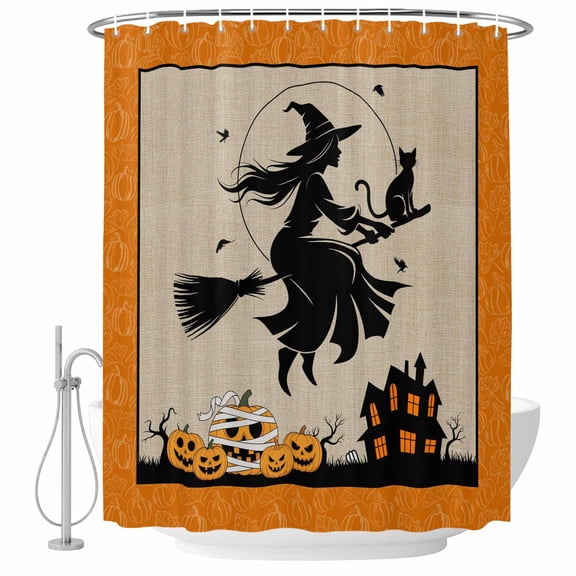 Halloween Shower Curtain, Waterproof Shower Curtains for Bathroom, Orange Witch Fall Pumpkin Black Castle Washable Fabric Bathtub Curtain Set Bath Decor with 12 Hooks Stall 36"x72"