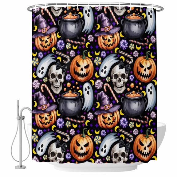 Halloween Shower Curtain, Waterproof Shower Curtains for Bathroom, Purple Pumpkin Skeleton Candy Ghost Moon Washable Fabric Bathtub Curtain Set Bath Decor with 12 Hooks 48"x72"