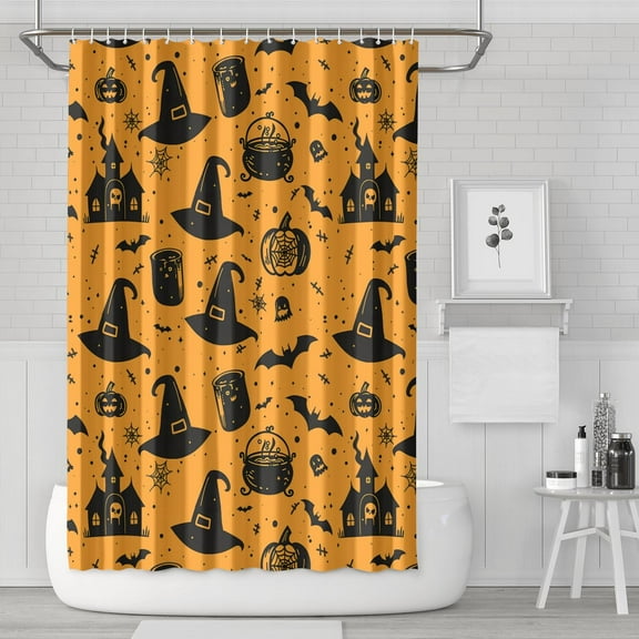 Halloween Shower Curtain with Ghost Pumpkin Bat Spider Web, 72x72 Inch Waterproof Bathroom Decor - Orange Black Purple Spooky Theme with Hooks