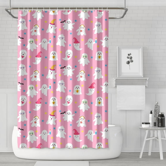 Halloween Shower Curtain with Ghosts and Pumpkins, 72x72 Inch Spooky Bathroom Decor - Black Orange Waterproof Fabric with Hooks for Halloween Party