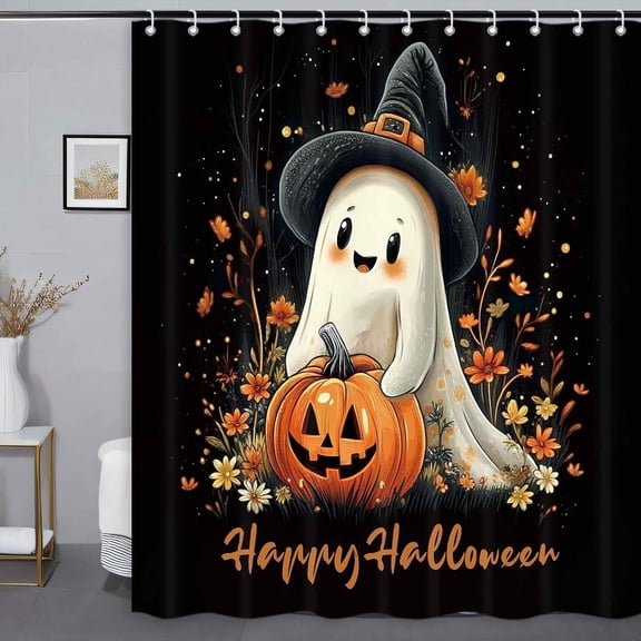 Halloween Shower Curtains for Bathroom, Cute Ghost Pumpkin Bath Curtain Set, Fall Autumn Floral Shower Curtain Waterproof Polyester Black Fabric 72x72 Inch