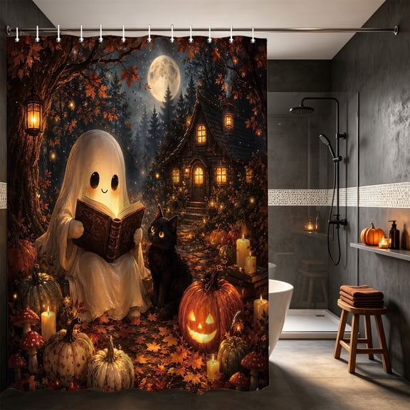 Halloween Shower Curtains for Bathroom, Cute Ghost Pumpkin Bath Curtain Set, Fall Autumn Shower Curtain Waterproof Polyester, Fall Halloween Bathroom Decor