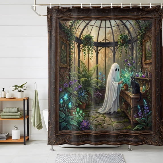 Halloween Shower Curtains for Bathroom, Fall Horror Ghosts Cat Botanical Plants Waterproof Fabric Shower Curtain, Decorative Bathroom Curtain for Bathtub, 72"x84", No Hooks Included