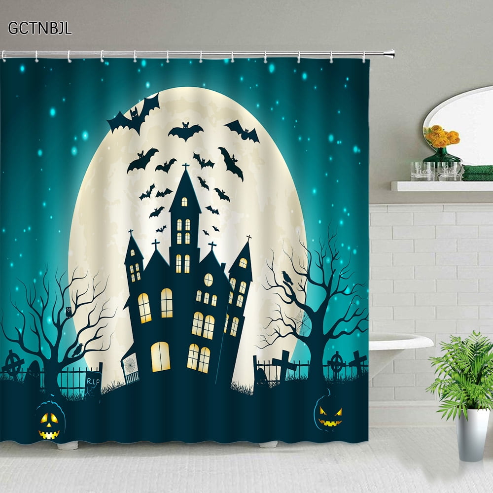 Halloween Shower Curtains Evil Pumpkin Lantern Night Bat Orange Moon Holiday Themed Bathroom ...
