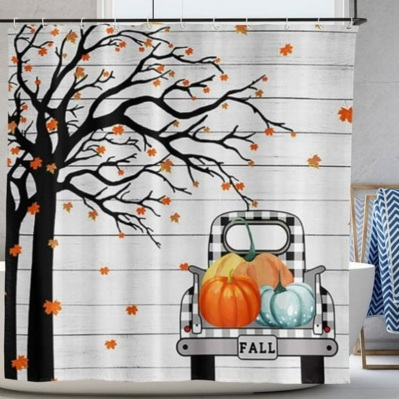 Halloween Shower Curtains Fall Festival Style Maple Tree Leaf Black White Plaid Truck Pumpkin Decorations for Bathroom with Hooks