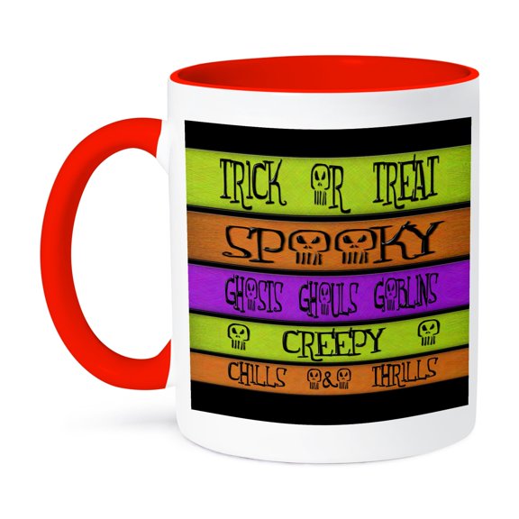 3dRose, Halloween Sign Says Trick Or Treat, Spooky, Ghosts, Creepy, , 11oz Two-Tone Red Mug
