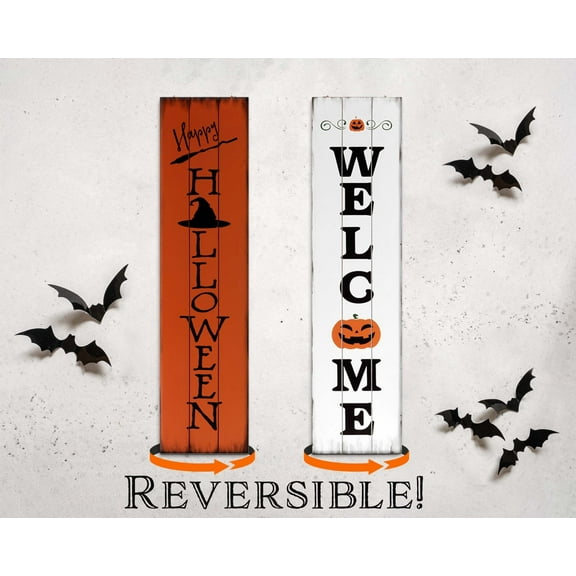 Reversible Halloween Welcome Porch Sign | Festive Farmhouse Vertical Decor