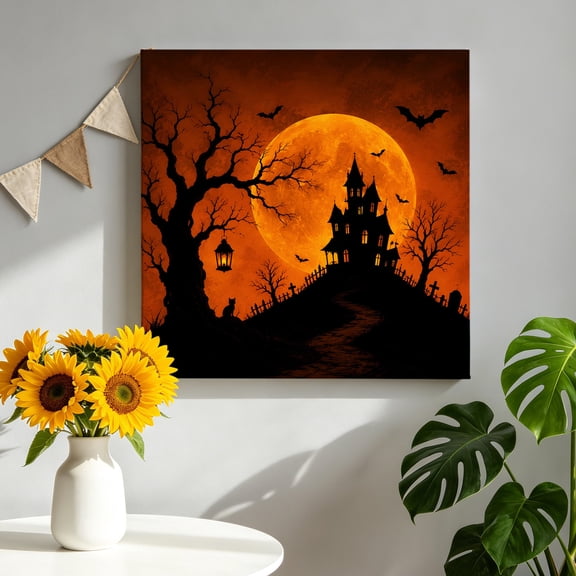 Halloween Silhouette Canvas Wall Art for Living Room, Spooky Hill Sunset Horror Haunted House Poster Print Painting for Bedroom Office Home Decoration Wall Pictures Prepare To Hang 8"x8"