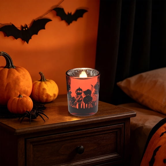 Halloween Silhouette Glass Candle Holder, Pumpkin Black Cat Boo Pattern Votive Cup, Spooky Tealight Wax Cup for Tabletop Mantel Fall Home Party Decor Orange