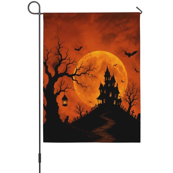Halloween Silhouette House Flags For Outdoor, Spooky Hill Sunset Horror Haunted House Small Double Side Yard Flags Weather Proof House Decor for Lawn Outside Holiday 28 x 40 Inches