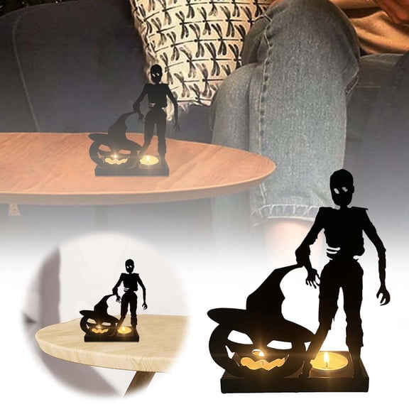Halloween Silhouette Metal Tealight Candle Holder Seasonal Tabletop Figurine Warm Shadow Projector Mantel Coffee Table Fall Harvests Holiday Indoor Home Decor Supplies