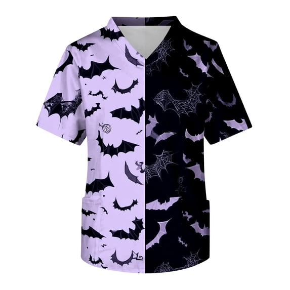 Halloween Silhouette Pattern Scrub Top, Base V Neck Short Sleeve Medical Uniform With Dual Side Pockets, Halloween Holiday Nursing Scrub Shirt Light Purple 4XL